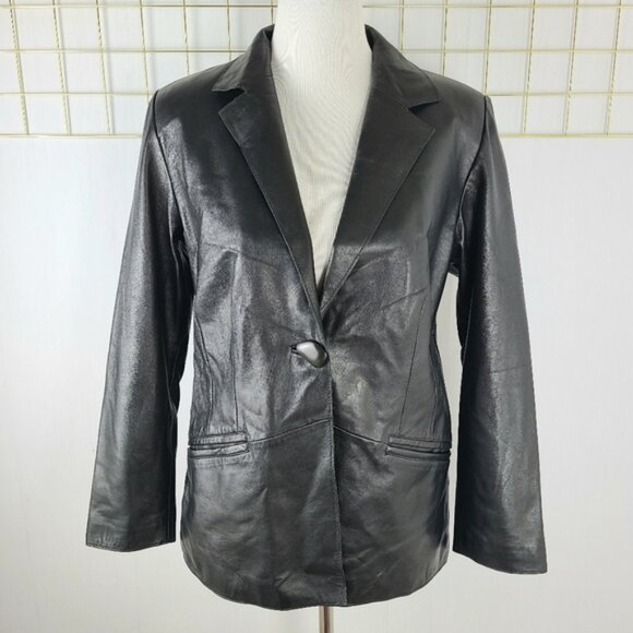 Black Genuine Lamb Leather One-Button Classic Blazer - Picture 9 of 12